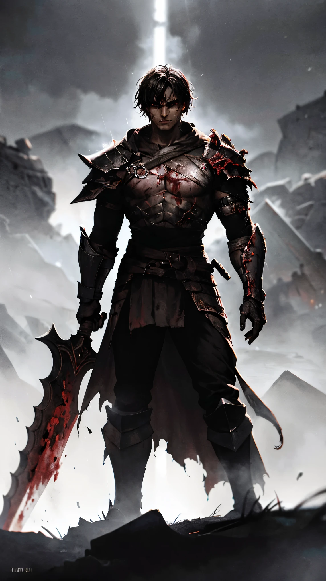 foreground,A dark and powerful warrior, covered in scars and soaked in heavy rain, He holds his sword with a firm hand, as blood runs down his scarred face. His damaged and worn armor reflects the faint light of the storm., with drops of water sliding down its metal plates. The environment is full of deep shadows, with only the rain and the brightness of his intense eyes, that emit a penetrating white light in the middle of the darkness. The warrior is enveloped in an aura of contained fury, with his jaw clenched and an expression that reveals both pain and determination,Guts,The Warrior of Berserk, appears in the foreground, leaning forward under the torrential storm, holding his gigantic sword with a firm hand as he rests on it. His posture denotes extreme physical exhaustion but at the same time an unwavering determination.. His face, in a close and dramatic shot, It is covered with open wounds from which runs a thick, dark flow of blood., with a dull red tone that barely reflects light. Guts' eyes glow a ghostly white., expressing a mixture of anger and frustration, while his jaw is clenched with suppressed fury.
The metal armor covering his body shows the wear and tear of countless battles., with scratches and dents reflecting the scant light of the storm. In his neck, the rolled layer, Soaked in the rain, fits firmly under your armor. The image is in black and white with a monochrome filter, except for blood, which appears in a deep shade of dark red, highlighting the brutal state of the battle. The shadows and lights are accentuated, creating a dramatic contrast that draws the eye to Guts' fierce expression. Distance and focus maintain a close plane, capturing every detail of his face and the edge of the sword, while the background remains out of focus, immersed in darkness and rain