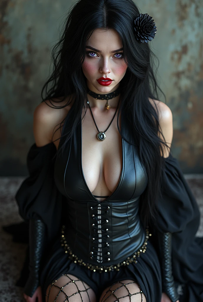 masterpiece, 45 year old mature woman, Long wavy black hair below the shoulders and with bangs down to the eyebrows, sexy plunging black leather gothic dress with high detail, medium build, intricately detailed background, gothic atmosphere, (HD, 8K Wallpaper, High resolution), 38D prominently voluptuous bust, cinematic lighting, awarded, extremely detailed skin, Extra detailed face, high detail eyes, photorealistic, Zeiss 85 mm F/1.4, by Ellen von Unwerth