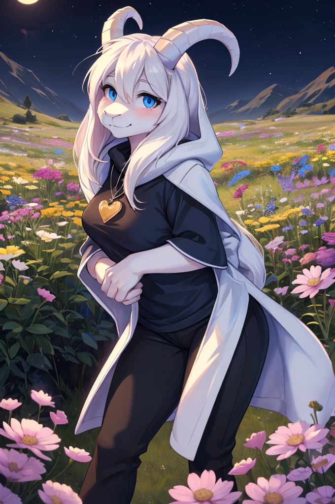 woman, ***** adult, shy, shy expression, alone, in a field of flowers, furry, goat, anthropomorphic goat, Asriel, Undertale ((Asriel Dreemurr)), medium large breasts, big ass, wide hips, perfect female body, tall, ((long hair, long white hair, straight hair )), blue eyes, anthropomorphic face, cartoon, smile, Eskimo coat ((blue coat, no drawing, Eskimo coat)), metacarpal paw, black blouse ( (black shirt, black pants)), white heart drawn on the shirt, wears a golden heart pendant, goat's tail, short horns, white horns ((droopy ears, big ears)), goat's paw, anthropoporphic paw, detailed , better quality, better detail, details and quality.