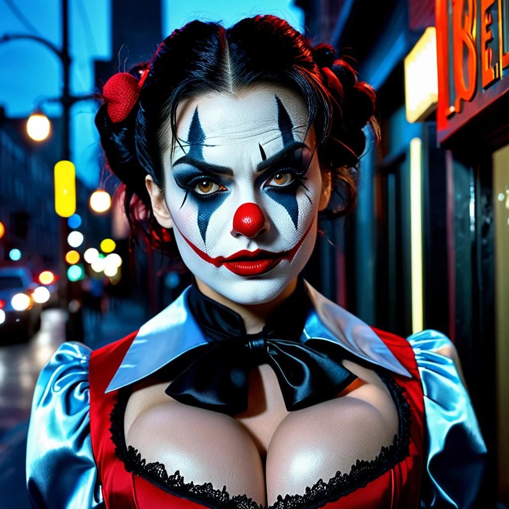 Photo taken from a block away of A captivating and haunting hyperrealistic photo of an "allerquina" clown policewoman, exuding dark fantasy and horror elements. The clown, with greasy black hair and a perpetually dropped jaw, stares intently at the camera, her zombie-like eyes devoid of life. She dons a revealing outfit, swollen Botox-red lips, and holds a chrome 38 revolver totalmente cimetrico e altamente detalhado o revolver in her gloved hand, reflecting the low, sinister lighting. The image, shot with professional DSLR equipment, emphasizes character expressions, vibrant colors, and intricate textures. The atmosphere is unsettling and surreal, making it a perfect fit for a cinematic poster or image, with its 8k resolution and soft light. The high-quality photo showcases the dark fantasy,, fashion, cinematic, portrait photography, photo, poster, dark fantasy