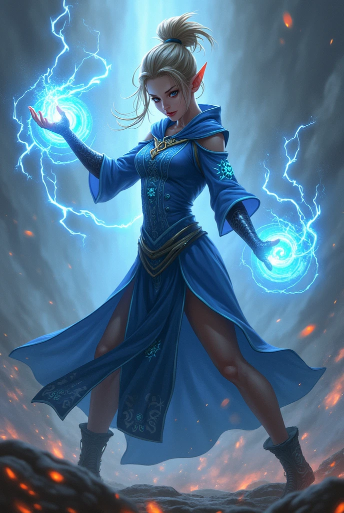 ffantasy art, steampunk art, RPG art, photograph, RAW, , Best Detailed, picture of a woman wizard, standing proudly, manipulating magical blue fire, extremely beautiful woman (best Detailed, Masterpiece, Hyperrealistic: 1.5) blond hair, rich hair, wavy hair, dynamic eyes color, wearing black and white dress, wearing (white cloak: 1.2), wearing (pantyhose: 1.2), wearing high heeled boots, laces boots, make up, steampunk laboratory background, ultra best realistic, best details, best quality, 16k, [ultra detailed], masterpiece, best quality, (extremely detailed), ultra wide shot, photorealism, depth of field, hyper realistic painting, GlowingRunes_purple, blue fire