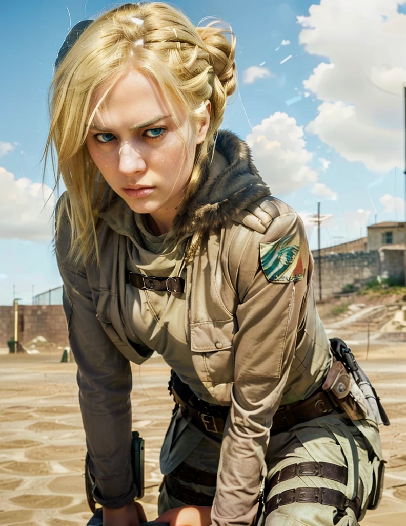 Beautiful realistic woman with blonde hair and blue eyes, Ultra realistic, serious expression, military uniform, best quality, female character from Game of Thrones, Beauty, Realistic lighting, Attack on Titan, Annie Leonheart