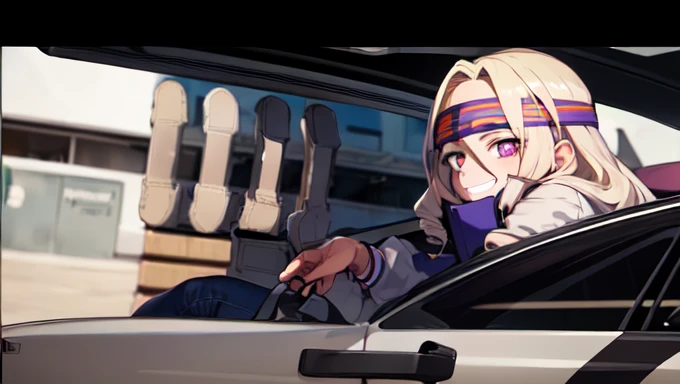 ((best quality)), ((highly detailed)), absurdres, (detailed eyes, deep eyes), (1girl), reflection, on knees, Yu Takeyama, long hair, blonde hair, drill hair, purple eyes, wide hips, breasts, smiling, racing jacket, jeans, pants, white shirt, sneakers, headband, (teku word, on headband), in car, driving, racing