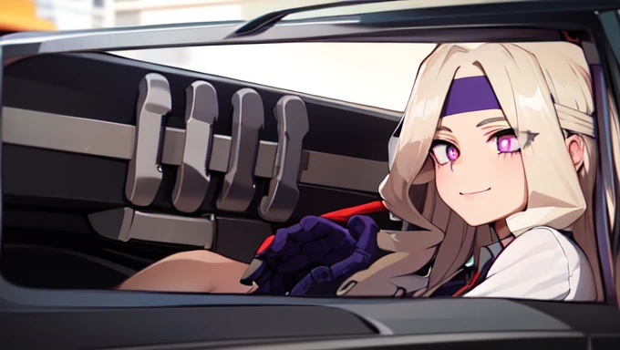 ((best quality)), ((highly detailed)), absurdres, (detailed eyes, deep eyes), (1girl), reflection, on knees, Yu Takeyama, long hair, blonde hair, drill hair, purple eyes, wide hips, breasts, smiling, racing jacket, jeans, pants, white shirt, sneakers, headband, (teku word, on headband), in car, driving, racing