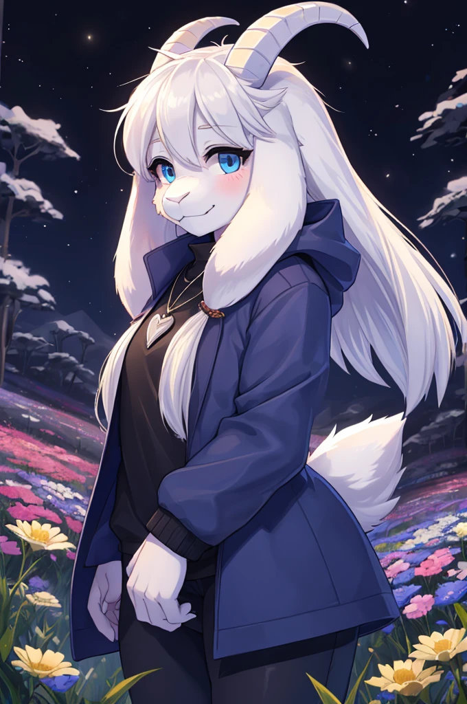 woman, ***** adult, shy, shy expression, alone, in a field of flowers, furry, goat, anthropomorphic goat, Asriel, Undertale ((Asriel Dreemurr)), medium large breasts, big ass, wide hips, perfect female body, tall, ((long hair, long white hair, straight hair )), blue eyes, anthropomorphic face, cartoon, smile, Eskimo coat ((blue coat, no drawing, Eskimo coat)), metacarpal paw, black blouse ( (black shirt, black pants)), white heart drawn on the shirt, wears a golden heart pendant, goat's tail, short horns, white horns ((droopy ears, big ears)), goat's paw, anthropoporphic paw, detailed , better quality, better detail, details and quality, nsfw