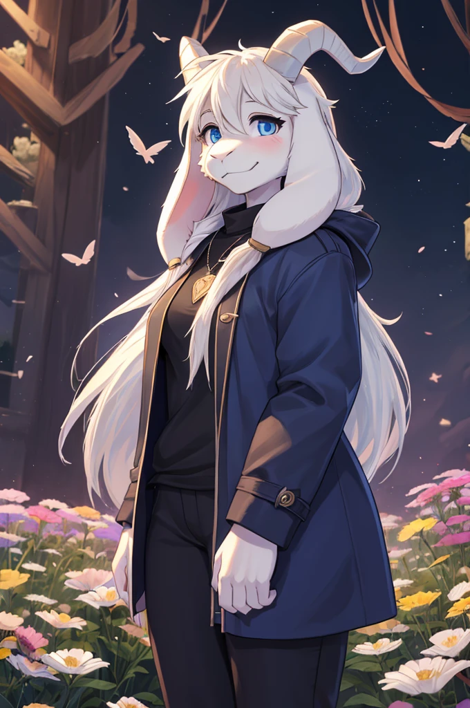 woman, young adult, shy, shy expression, alone, in a field of flowers, furry, goat, anthropomorphic goat, Asriel, Undertale ((Asriel Dreemurr)), medium large breasts, big ass, wide hips, perfect female body, tall, ((long hair, long white hair, straight hair )), blue eyes, anthropomorphic face, cartoon, smile, Eskimo coat ((blue coat, no drawing, Eskimo coat)), metacarpal paw, black blouse ( (black shirt, black pants)), white heart drawn on the shirt, wears a golden heart pendant, goat's tail, short horns, white horns ((droopy ears, big ears)), goat's paw, anthropoporphic paw, detailed , better quality, better detail, details and quality, nsfw