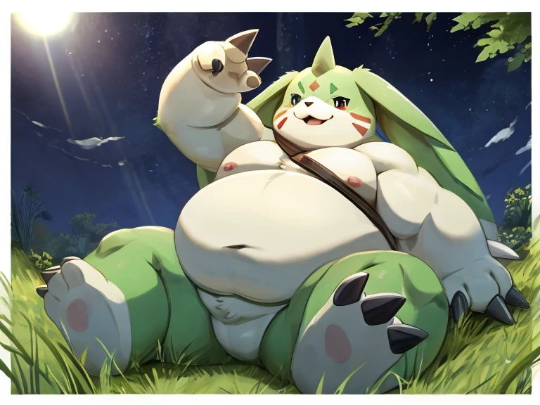 Gargomon(Digimon)、,Very tall、Thick animal-like legs、Fatty cheeks、Thick arms、Huge torso、Thick neck、Thick neck、Sharp Claws、Fat-filled legs, The legs are short、Thick twisted horns,official、anime、Nipples are very large、High image quality、high quality、Voluptuous、Cute eyes、smiling、grassland