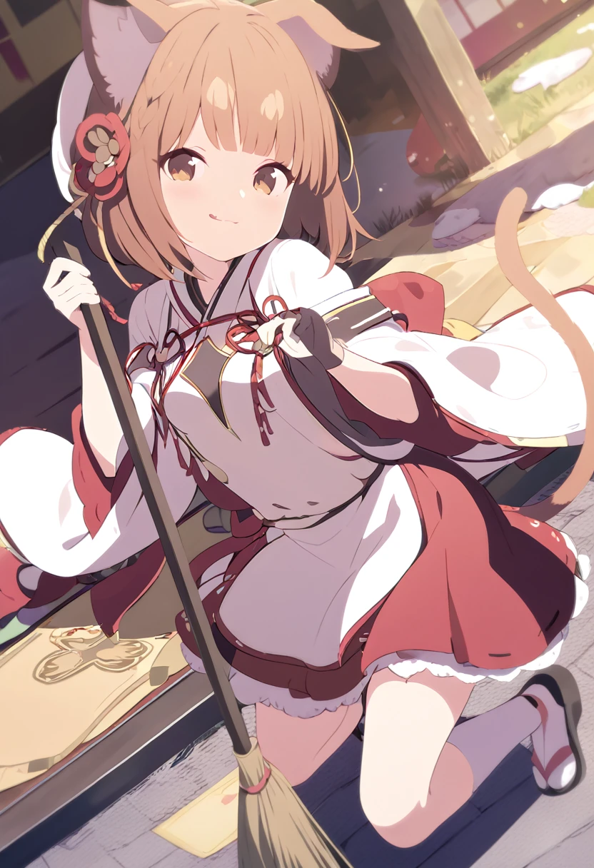 Masterpiece、、Shrine Maiden Costume、shrine、Cat ears and tail、A cute single fang、Very small breasts、Brown Hair、An innocent smile、fun、Holding a broom and cleaning