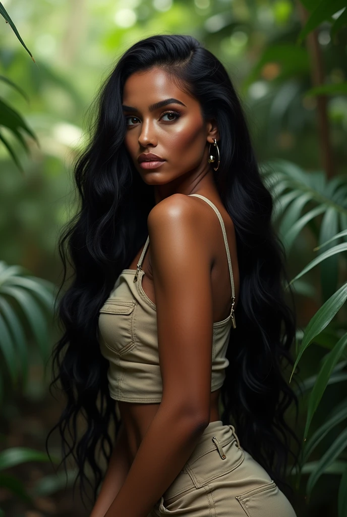busty tan skin tone black wavy hair goddess at nature park hyper realistic extremely detailed 