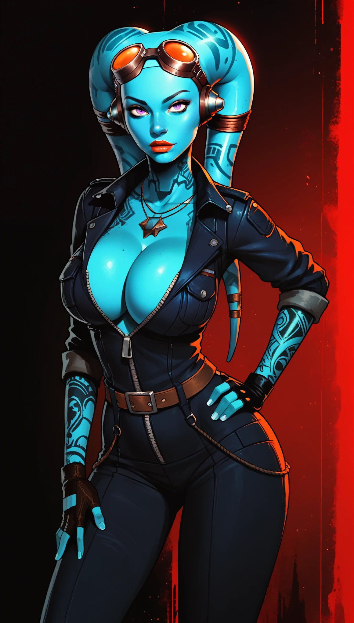 Blue Skin Twi'lek, pilot, large breasts, sly purple eyes, bursting breasts, cleavage, black and dark grey futuristic coveralls, rolled-up sleeves, utility belt, goggles on forehead, fingerless gloves, tattoos, cleavage, tall, graceful, long legs, athletic, slim hips, small waist. Action scene, starship interior. Hand on hip. coy expression.