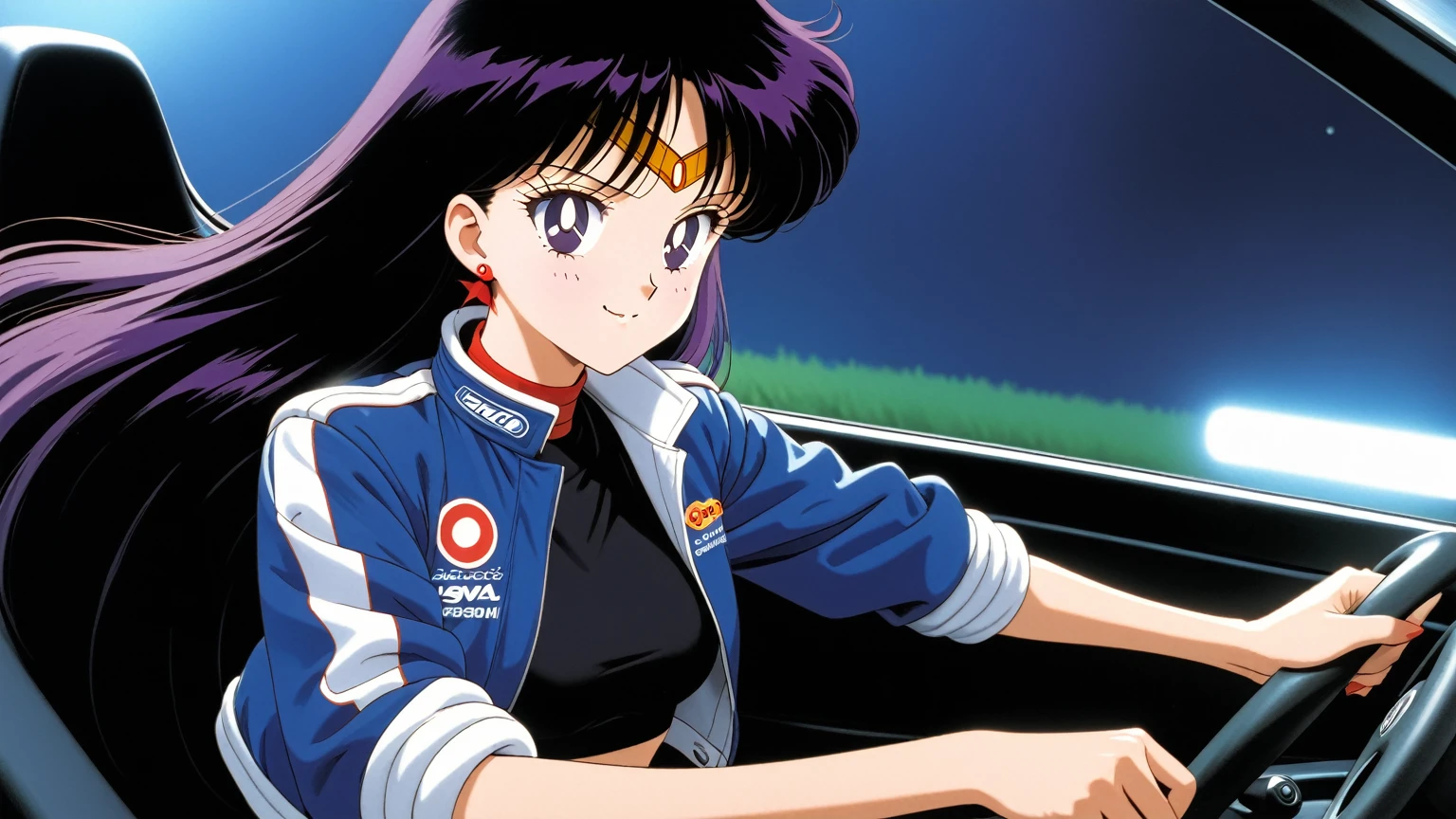 aamars, very long hair, black hair, parted bangs, purple eyes, 1990s \(style\), 1 girl, solo, Best quality, masterpiece, High Definition,Blue Racing Jacket, Teku Logo,  Black Crop-Top, Midriff, Smile, Night, Jeans, Driving, Racing