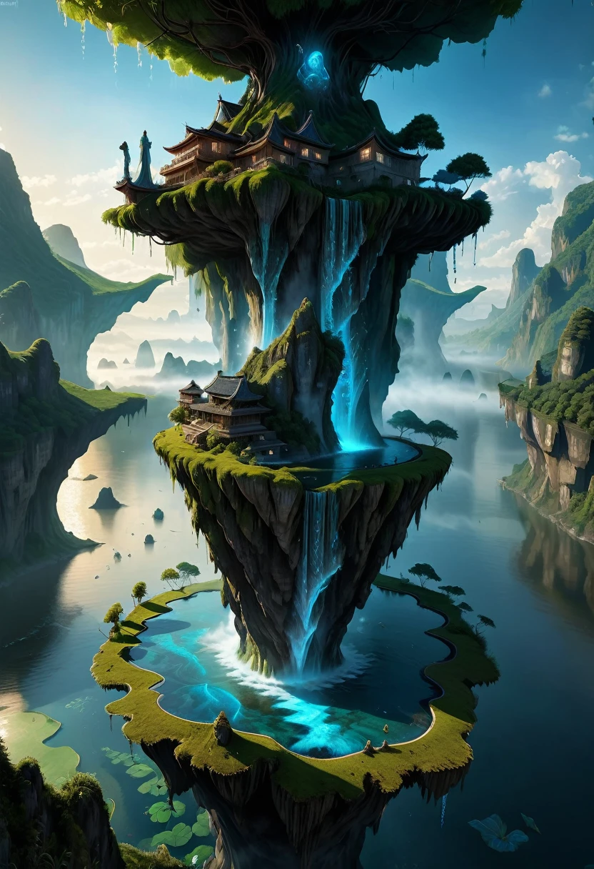 Waterfall Medium shot. Floating island in a sky, with holographic waterfalls and ancient symbols,  intertwined with bioluminescent vines. Wide angle lens. Vibrant dreamlike colors with volumetric mist and glowing detail. Holographic water ripples and bioluminescent leaves. Ancient symbols carve into the floating island's stone surface. Dynamic shadows and high contrast. Highly detailed, 32k UHD resolution, cinematic photography, professional-grade visuals, depth of field, high dynamic range, inspired by the works of M.C. Escher and Zdzisław Beksiński.