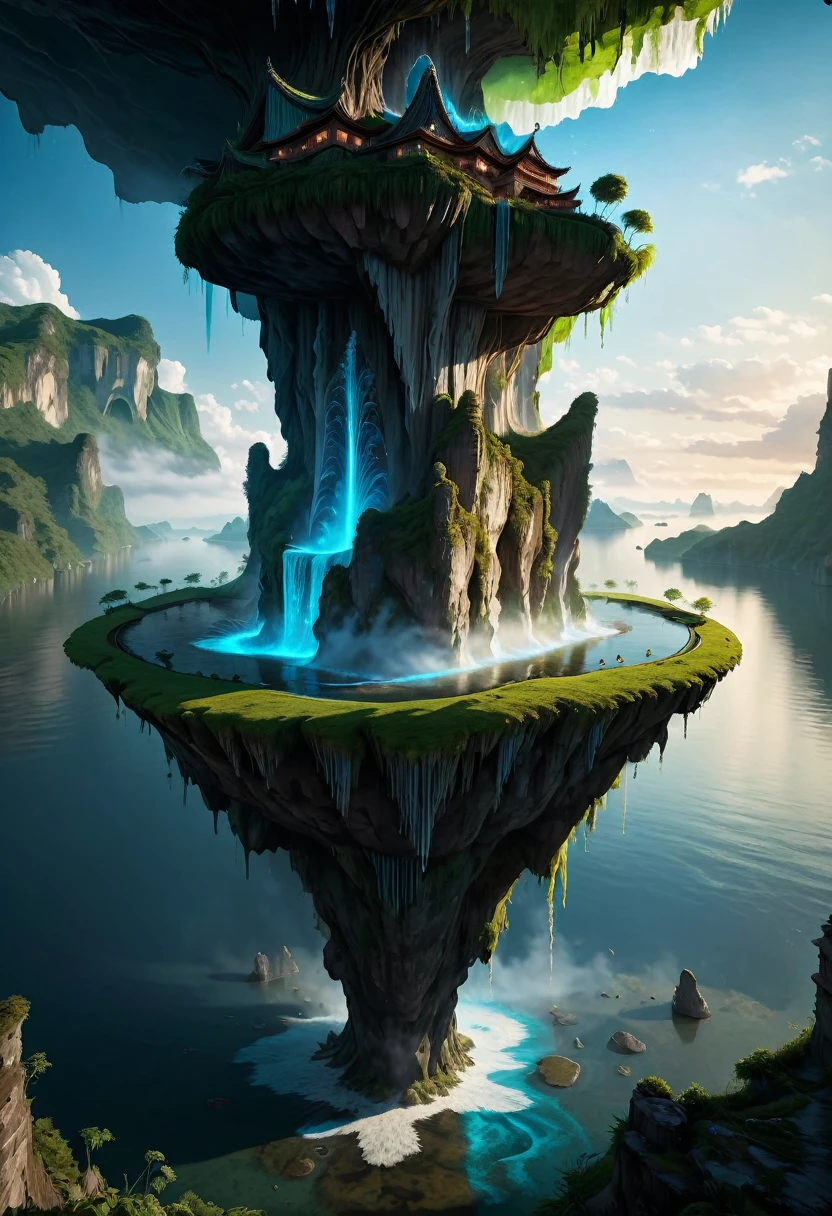 Waterfall Medium shot. Floating island in a sky, with holographic waterfalls and ancient symbols,  intertwined with bioluminescent vines. Wide angle lens. Vibrant dreamlike colors with volumetric mist and glowing detail. Holographic water ripples and bioluminescent leaves. Ancient symbols carve into the floating island's stone surface. Dynamic shadows and high contrast. Highly detailed, 32k UHD resolution, cinematic photography, professional-grade visuals, depth of field, high dynamic range, inspired by the works of M.C. Escher and Zdzisław Beksiński.