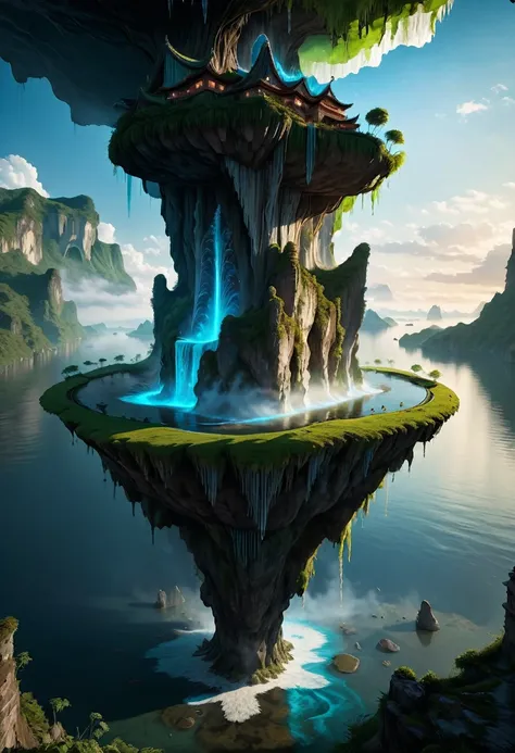 waterfall medium shot. floating island in a sky, with holographic waterfalls and ancient symbols,  intertwined with bioluminesce...