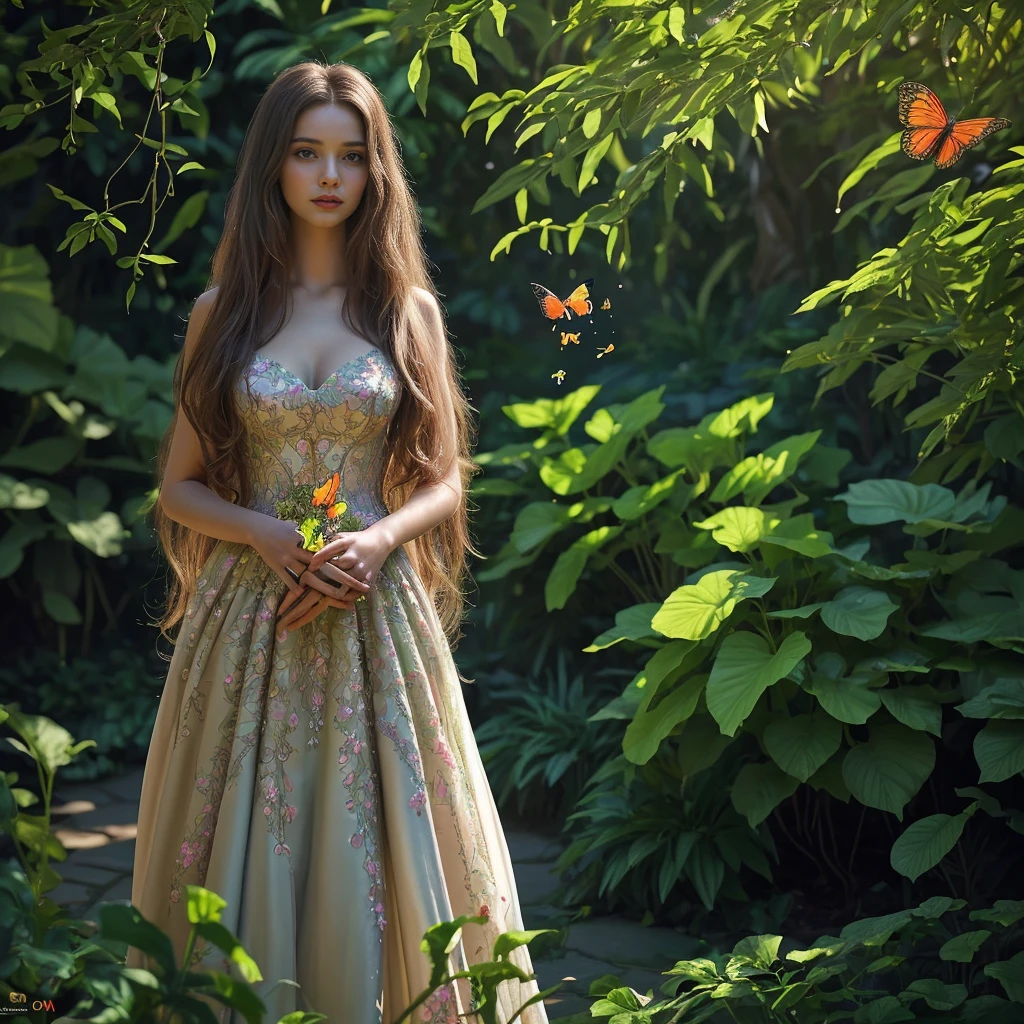 a beautiful young girl with long flowing hair, detailed facial features, piercing eyes, wearing an elegant dress, standing in a lush, vibrant garden, sunlight filtering through the trees, butterflies fluttering around, intricate floral details, cinematic composition, masterful lighting and color palette, highly detailed and photorealistic