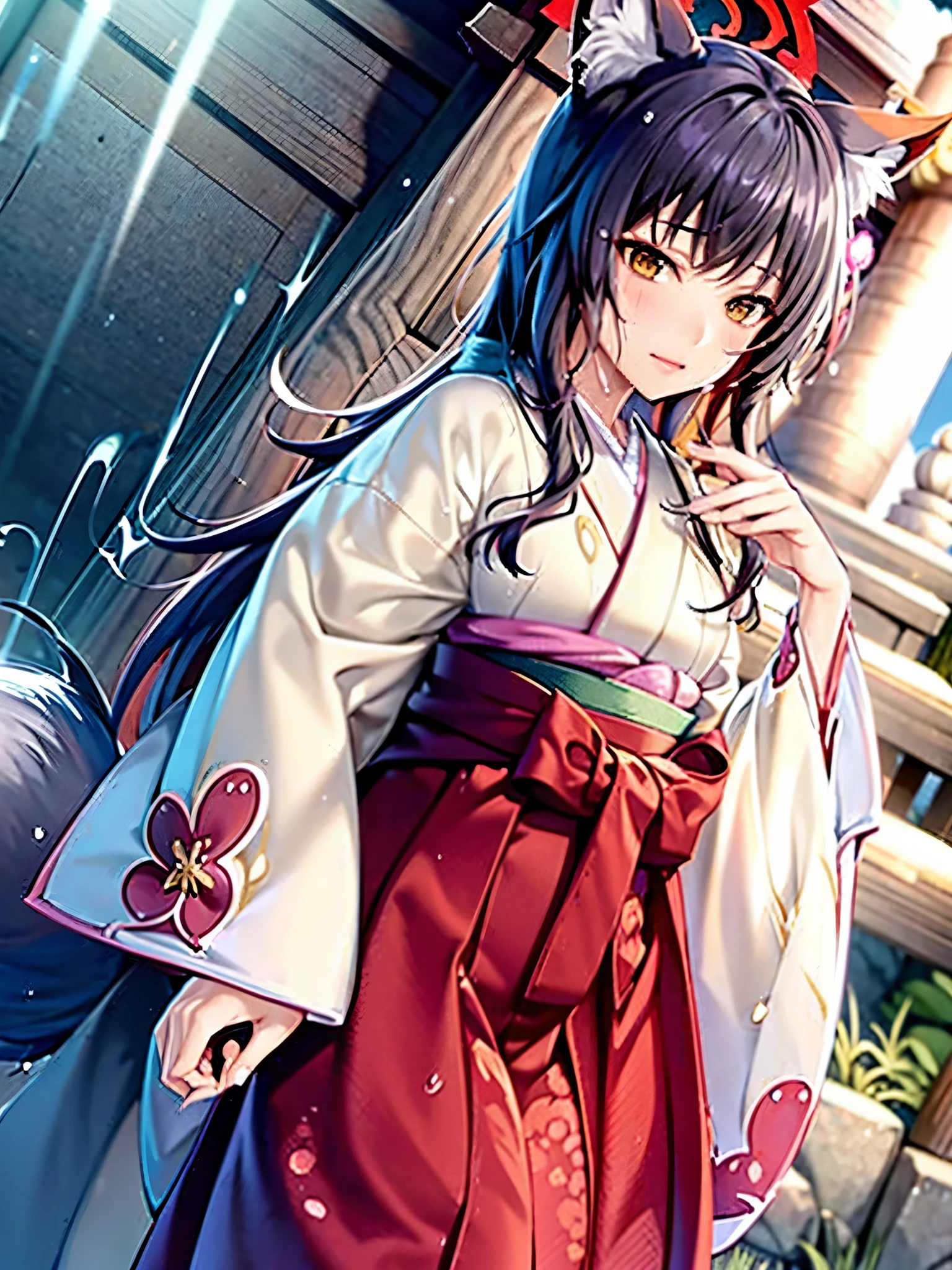 Anime, illustration, girl, shrine, rain, fox ears, fox tail, big tail, fluffy tail, big ears, hakama, furisode, long hakama, long furisode, wet clothes, soaking wet clothes, wet and shiny clothes, clothes with a wet texture, clothes that stick to the body,