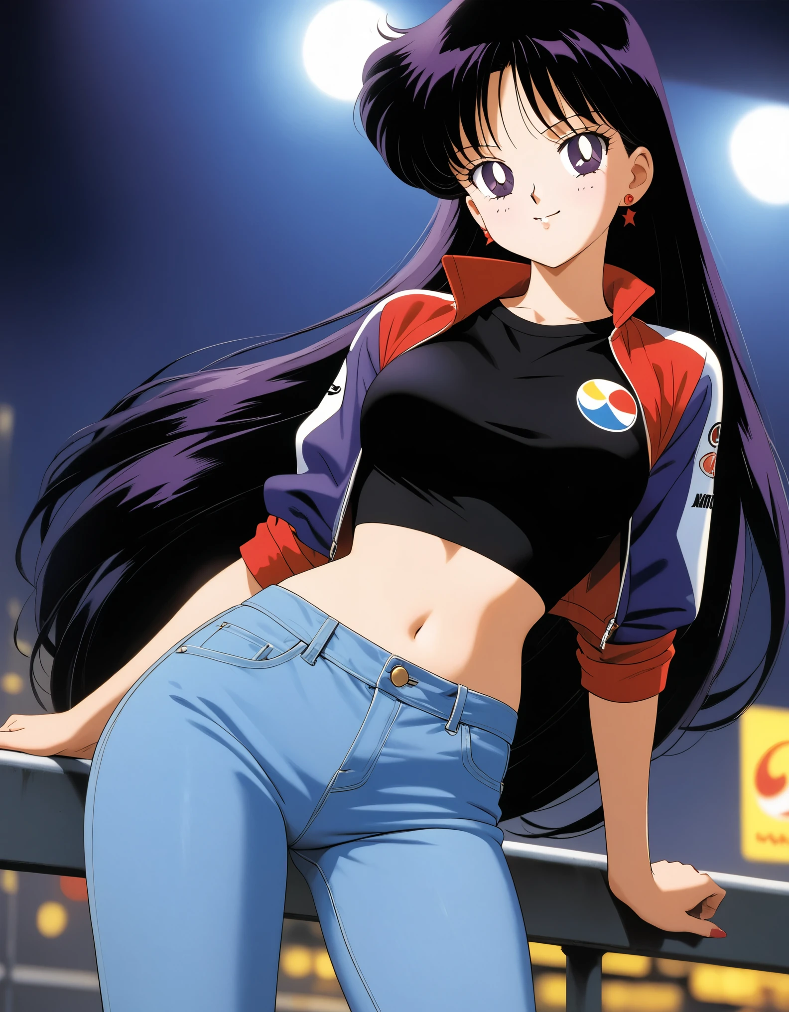 aamars, very long hair, black hair, parted bangs, purple eyes, 1990s \(style\), 1 girl, solo, Best quality, masterpiece, High Definition,Blue Racing Jacket, Teku Logo, Black Crop-Top, Midriff, Smile, Night, Jeans