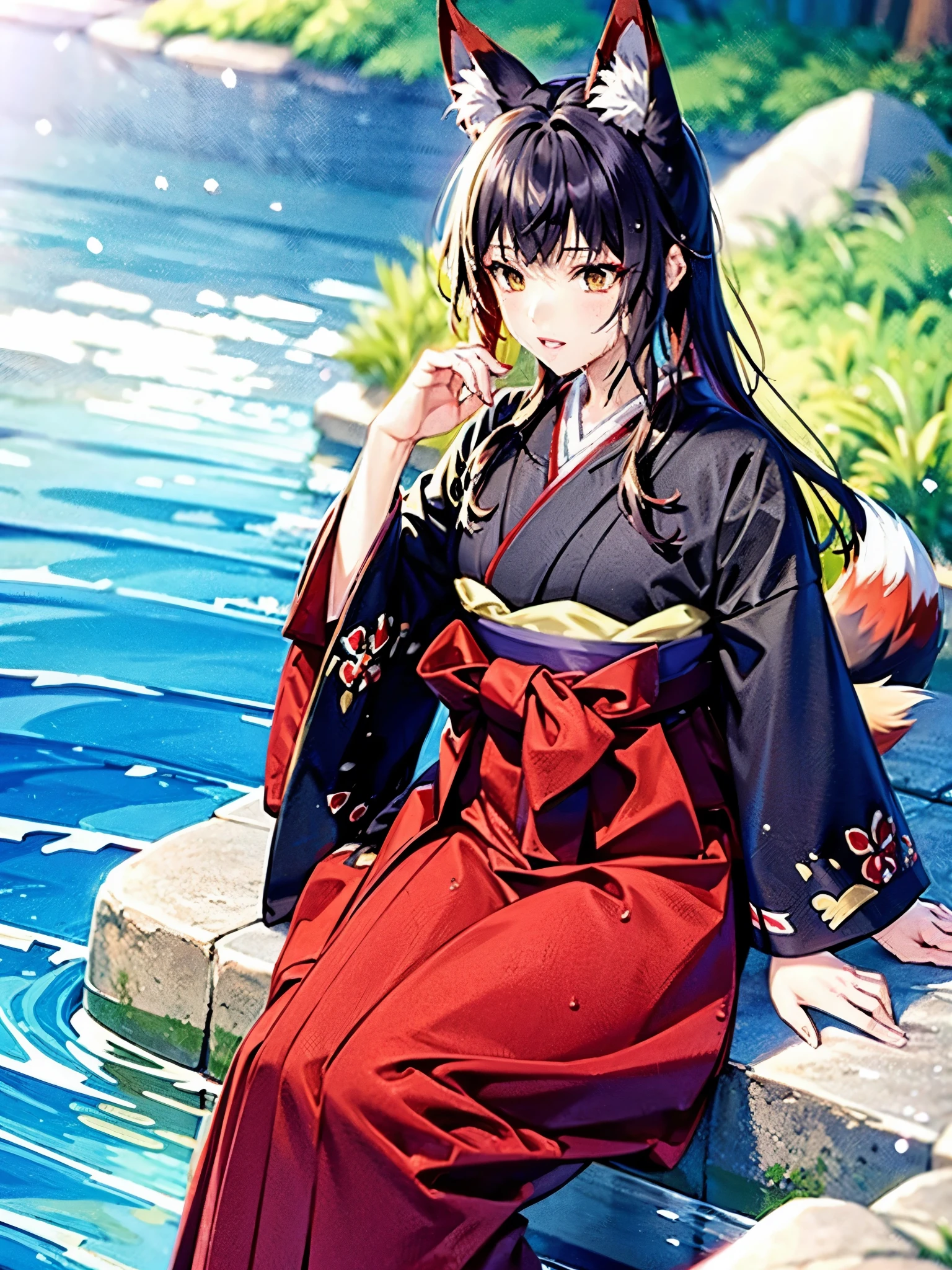 anime, illustration, girl, fox ears, fox tail, big tail, fluffy tail, big ears, hakama, furisode, long kimono, hakama, long hakama, long furisode, wet clothes, soaking wet clothes, wet and shiny clothes, clothes with a wet texture, clothes that stick to the body, immersed in a river, sitting in a river, sitting in water