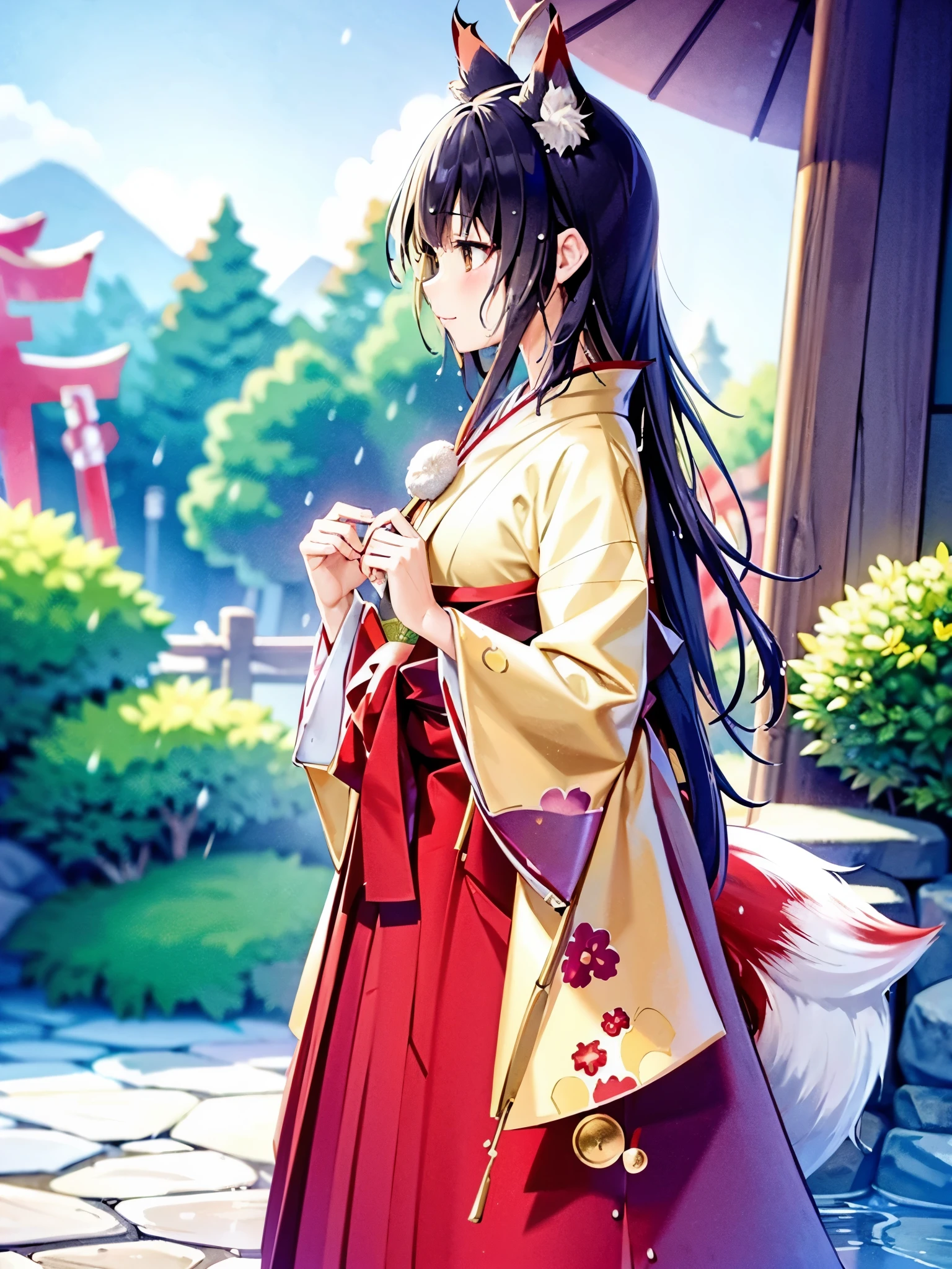 Anime, illustration, girl, shrine, rain, fox ears, fox tail, big tail, fluffy tail, big ears, hakama, furisode, long hakama, long furisode, wet clothes, soaking wet clothes, wet and shiny clothes, clothes with a wet texture, clothes that stick to the body,