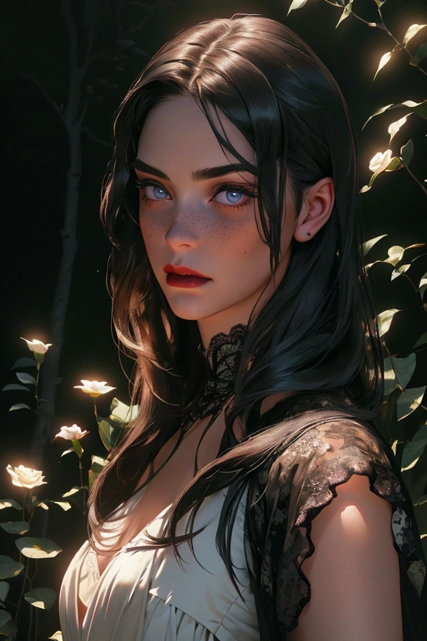 a mysterious woman in a dark gothic cityscape, beautiful detailed face, long dark hair, piercing eyes, alluring expression, half-naked, vines and ivy wrapping around her body, moonlit night, atmospheric moody lighting, dark fantasy, cinematic, highly detailed, photorealistic, (best quality,4k,8k,highres,masterpiece:1.2),ultra-detailed,(realistic,photorealistic,photo-realistic:1.37)