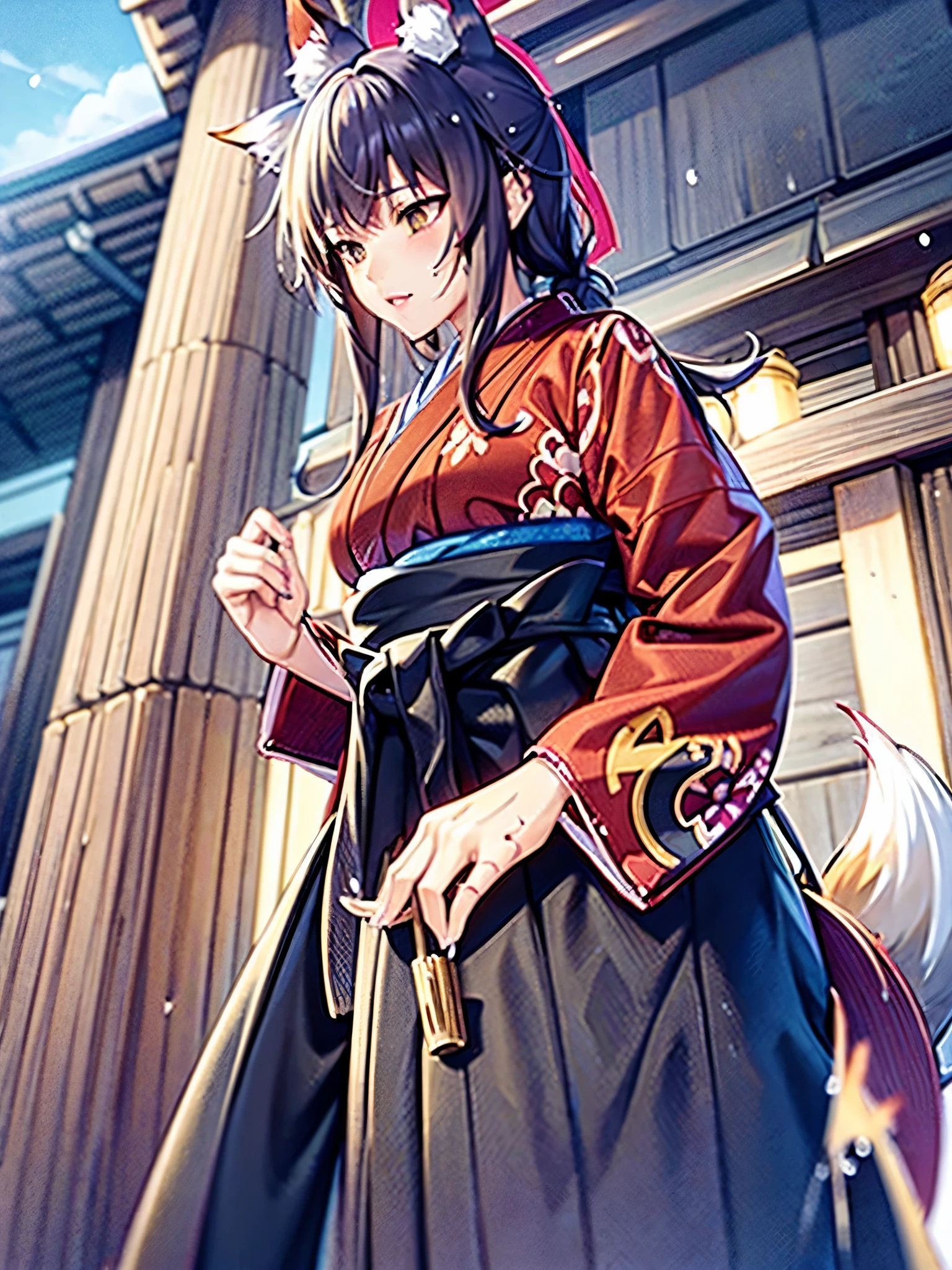 Anime, illustration, girl, shrine, rain, fox ears, fox tail, big tail, fluffy tail, big ears, hakama, furisode, long hakama, long furisode, wet clothes, soaking wet clothes, wet and shiny clothes, clothes with a wet texture, clothes that stick to the body,