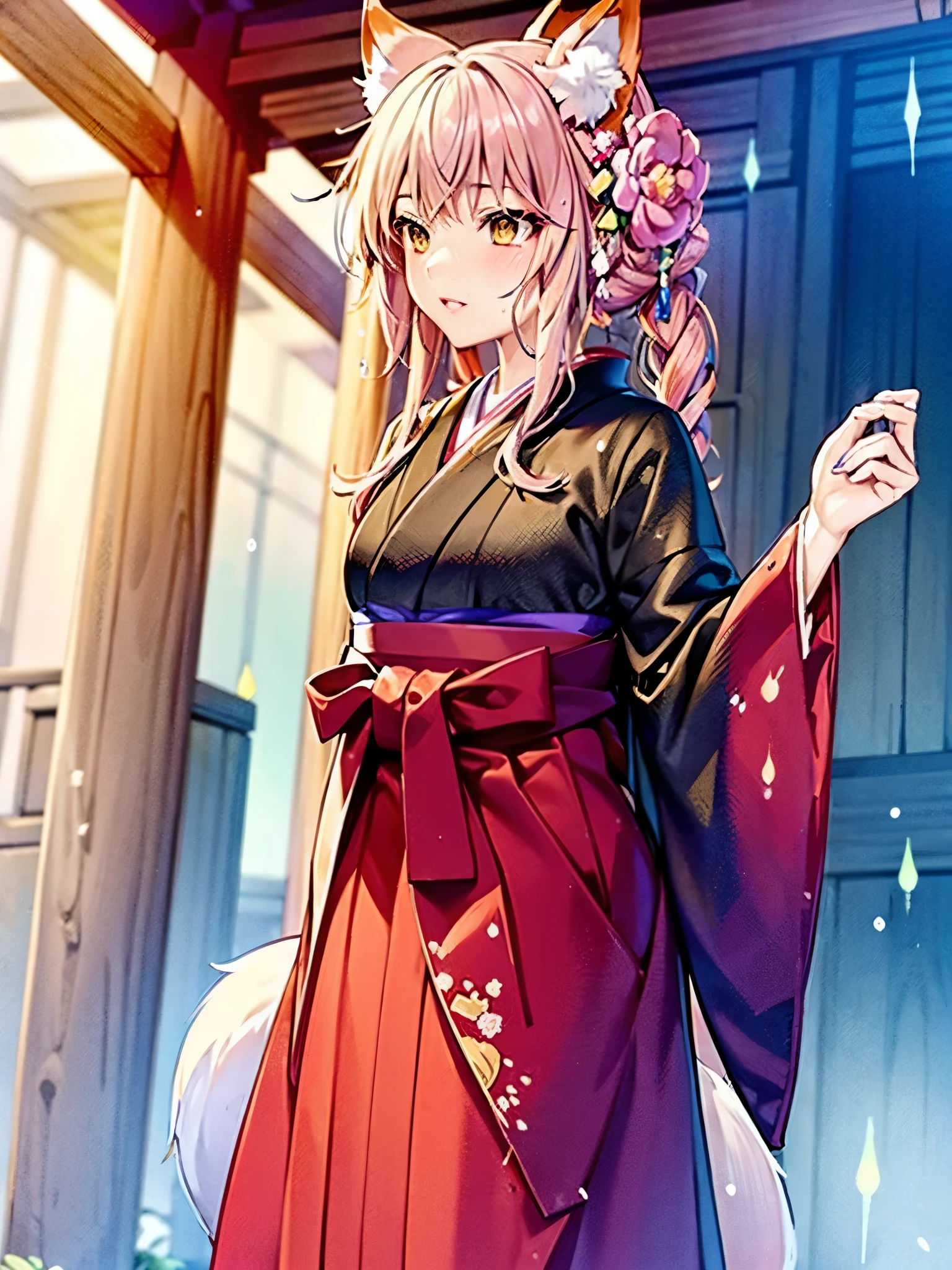 Anime, illustration, girl, shrine, rain, fox ears, fox tail, big tail, fluffy tail, big ears, hakama, furisode, long hakama, long furisode, wet clothes, soaking wet clothes, wet and shiny clothes, clothes with a wet texture, clothes that stick to the body,