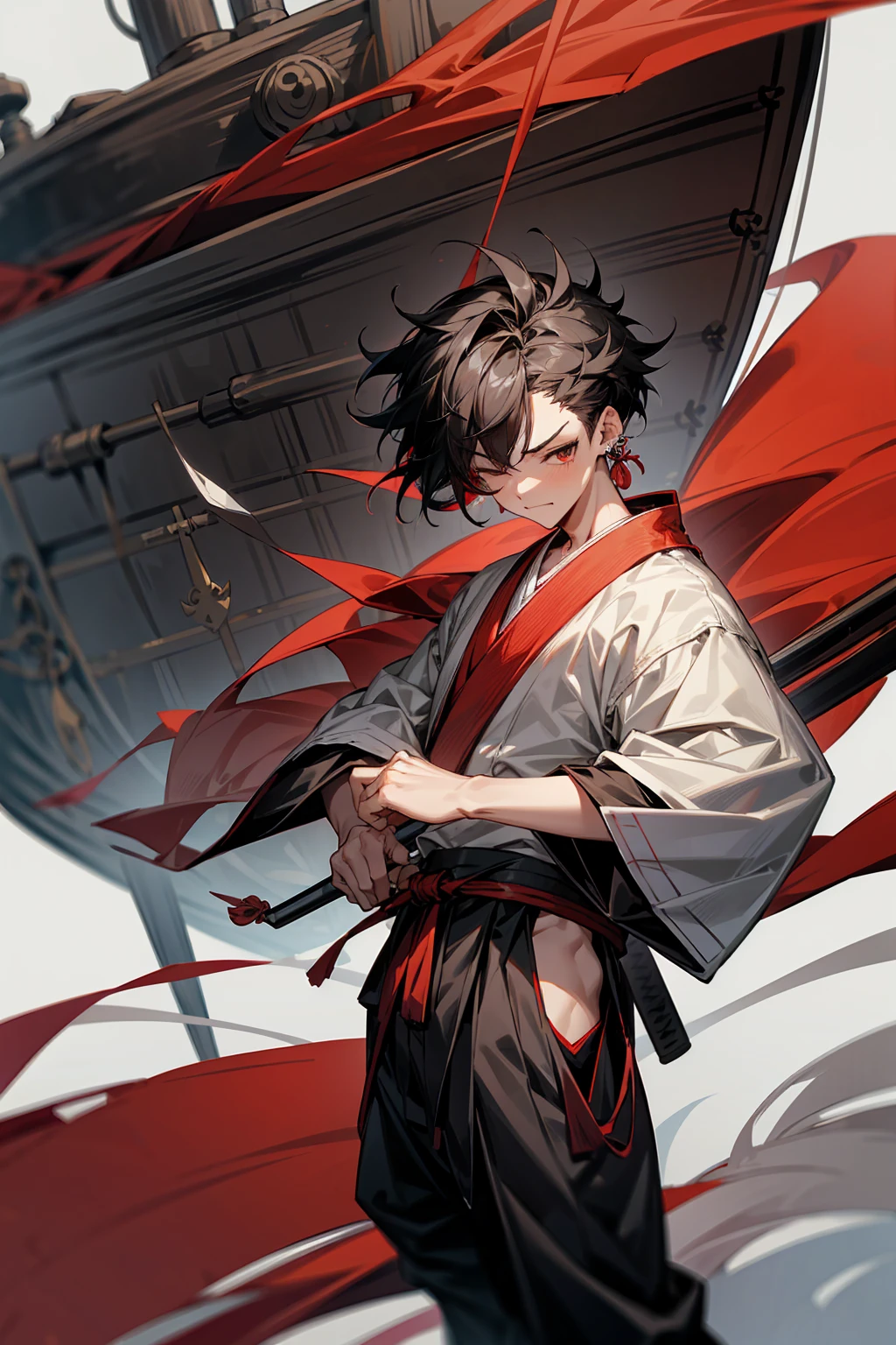 1male, Adult, Two-Toned Hair, White and Black Hair, Messy Hair, Short Hair, Large Ear Rings, Red Martial Arts Clothing, Black Baggy Pants, Red Haori, Grey Sash, Pirate Ship, One Eye Closed