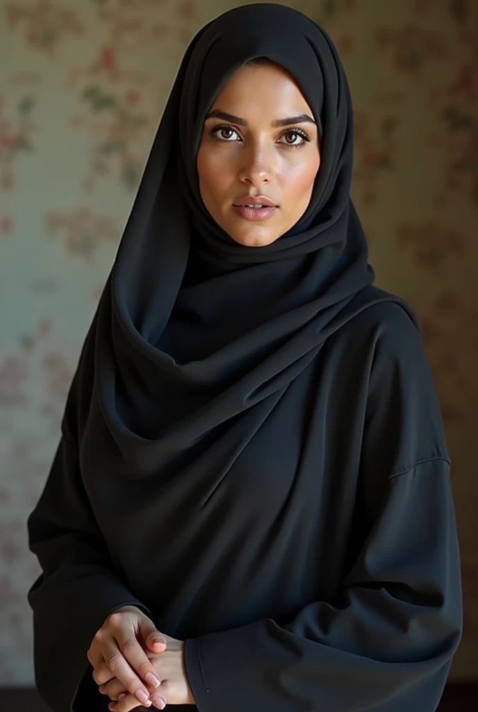 Very realistic detail of a beautiful Indonesian woman wearing a black Islamic hijab and beauty dress, ,her long hijab is in the color black with strong winds that bring down the underground, the others close up side snake surround her body very detail