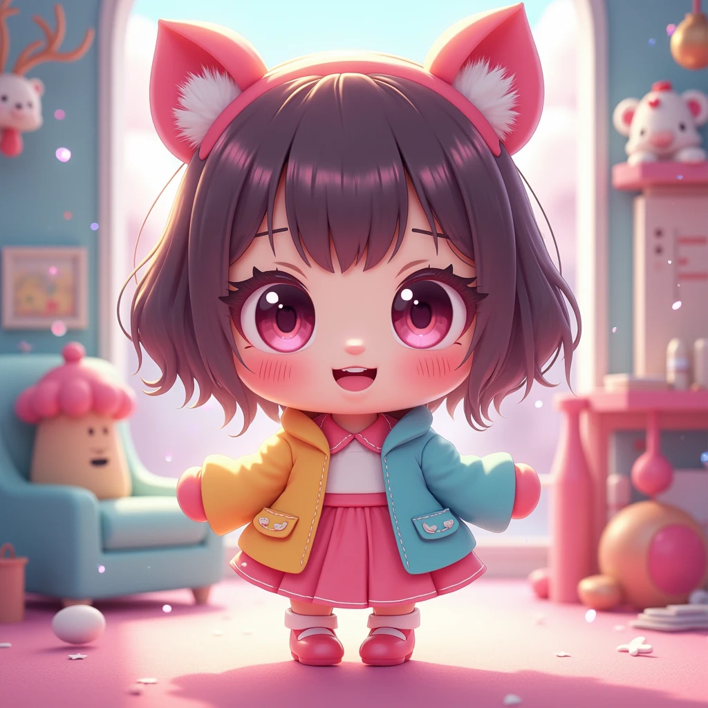 Anime Katze kauft ein, der Korb ist voll