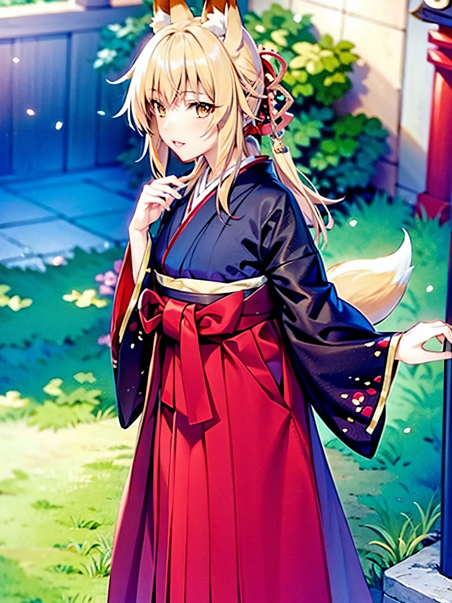 Young girl, blonde hair in a bun, amber eyes, cat ears, kimono, masterpiece, high quality