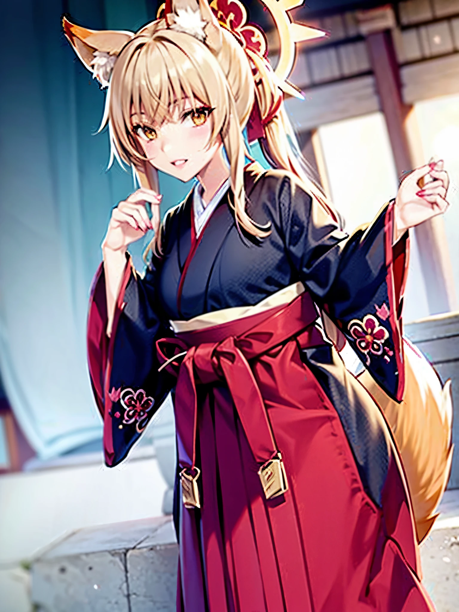 Anime, girl, fox ears, fox tail, big tail, bushy tail, big ears, hakama, furisode, Japanese town