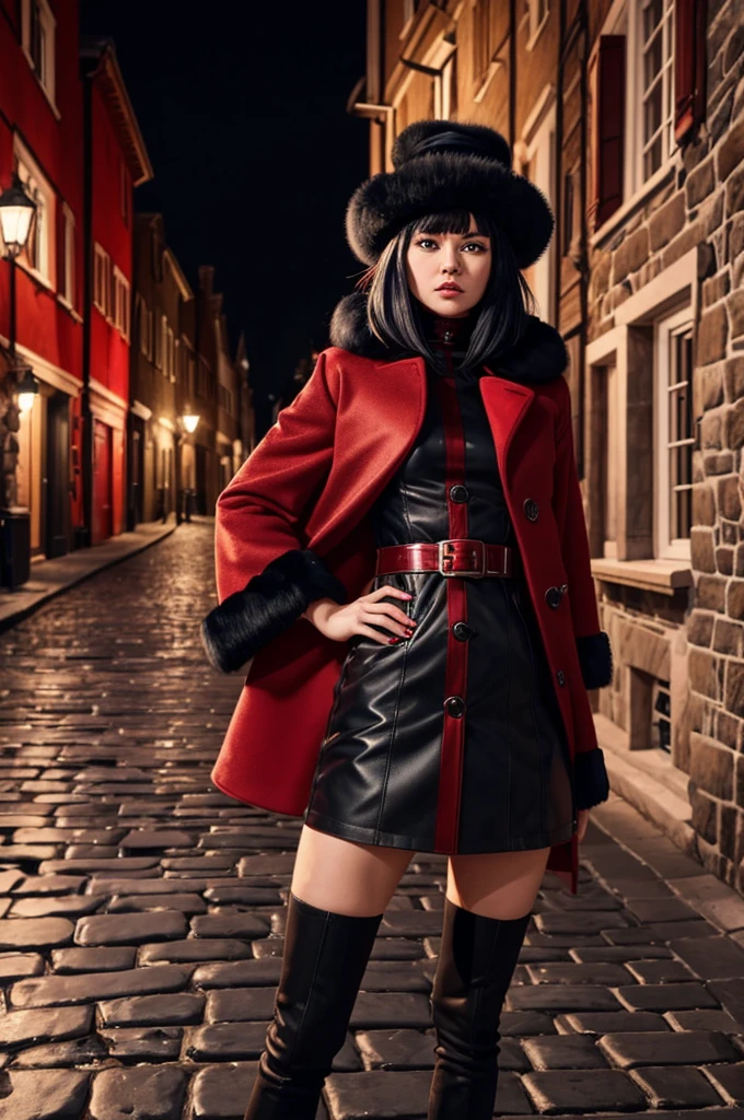 fully body image. live action. Caucasian woman with Black and red fur coat, and black and red hair. on a cobblestone street in a icy village. 4K, masterpiece. wearing a fur hat. body covered