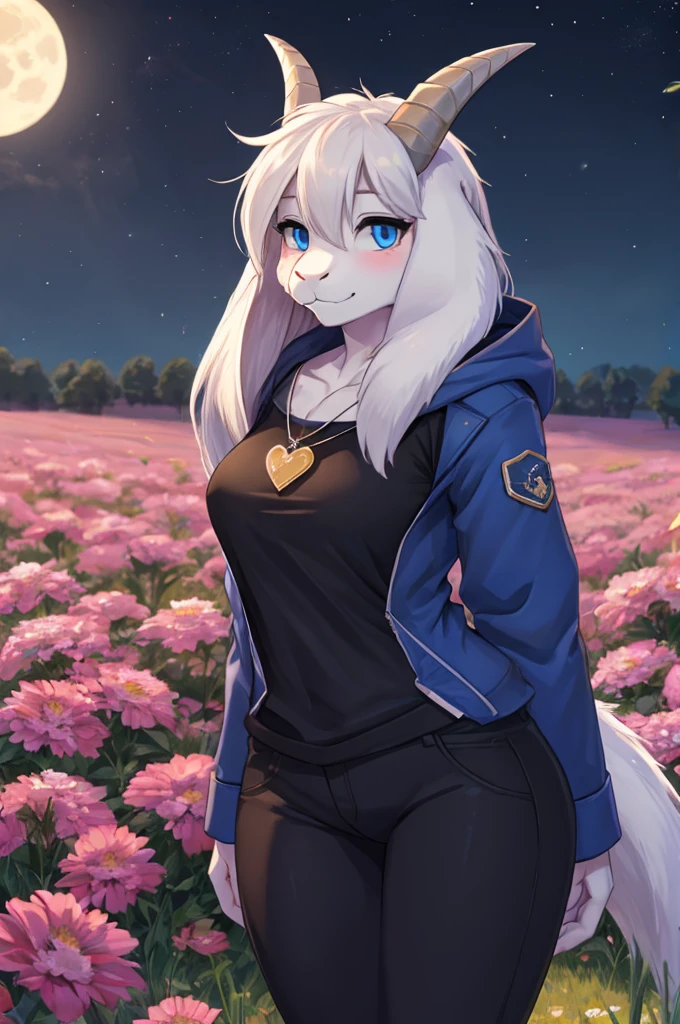 woman, young adult, shy, shy expression, alone, in a field of flowers, furry, goat, anthropomorphic goat, Asriel, Undertale ((Asriel Dreemurr)), large medium breasts, big ass, wide hips, slender female body, tall, ((long hair, long white hair, straight hair )), blue eyes, anthropomorphic face, cartoon, smile, Eskimo coat ((blue coat, no drawing, Eskimo coat)), metacarpal paw, black blouse ( (black shirt with white heart in the middle, black pants)), wears a golden heart pendant, goat's tail, short horns, white horns ((droopy ears, big ears)), goat's paw, anthropoporphic paw, detailed, best quality, better detail, details and quality.