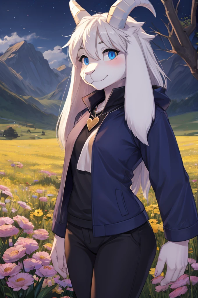 woman, young adult, shy, shy expression, alone, in a field of flowers, furry, goat, anthropomorphic goat, Asriel, Undertale ((Asriel Dreemurr)), large medium breasts, big ass, wide hips, slender female body, tall, ((long hair, long white hair, straight hair )), blue eyes, anthropomorphic face, cartoon, smile, Eskimo coat ((blue coat, no drawing, Eskimo coat)), metacarpal paw, black blouse ( (black shirt with white heart in the middle, black pants)), wears a golden heart pendant, goat's tail, short horns, white horns ((droopy ears, big ears)), goat's paw, anthropoporphic paw, detailed, best quality, better detail, details and quality.