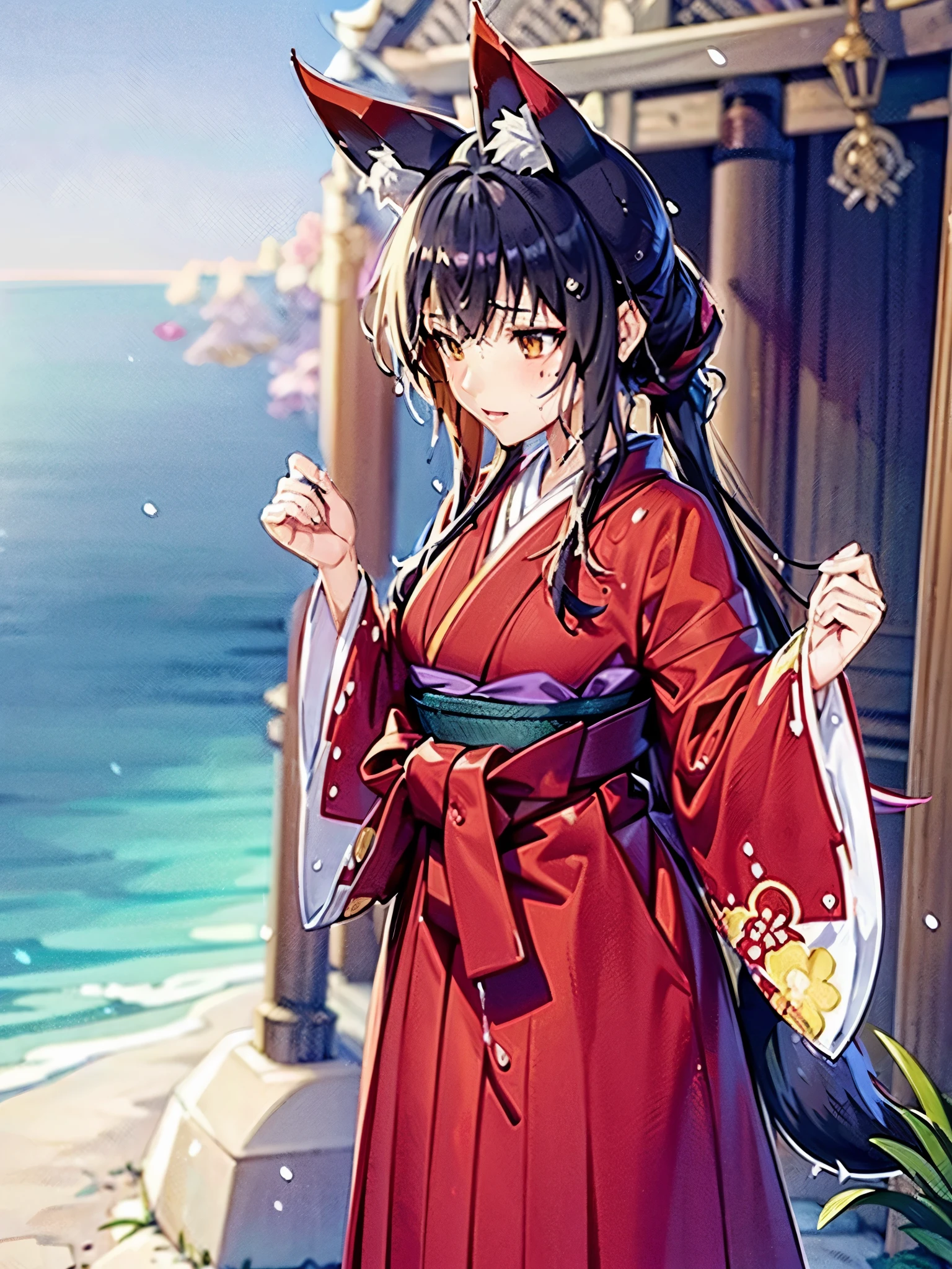 Anime, illustration, girl, shrine, rain, fox ears, fox tail, big tail, fluffy tail, big ears, hakama, furisode, long hakama, long furisode, wet clothes, soaking wet clothes, wet and shiny clothes, clothes with a wet texture, clothes that stick to the body,