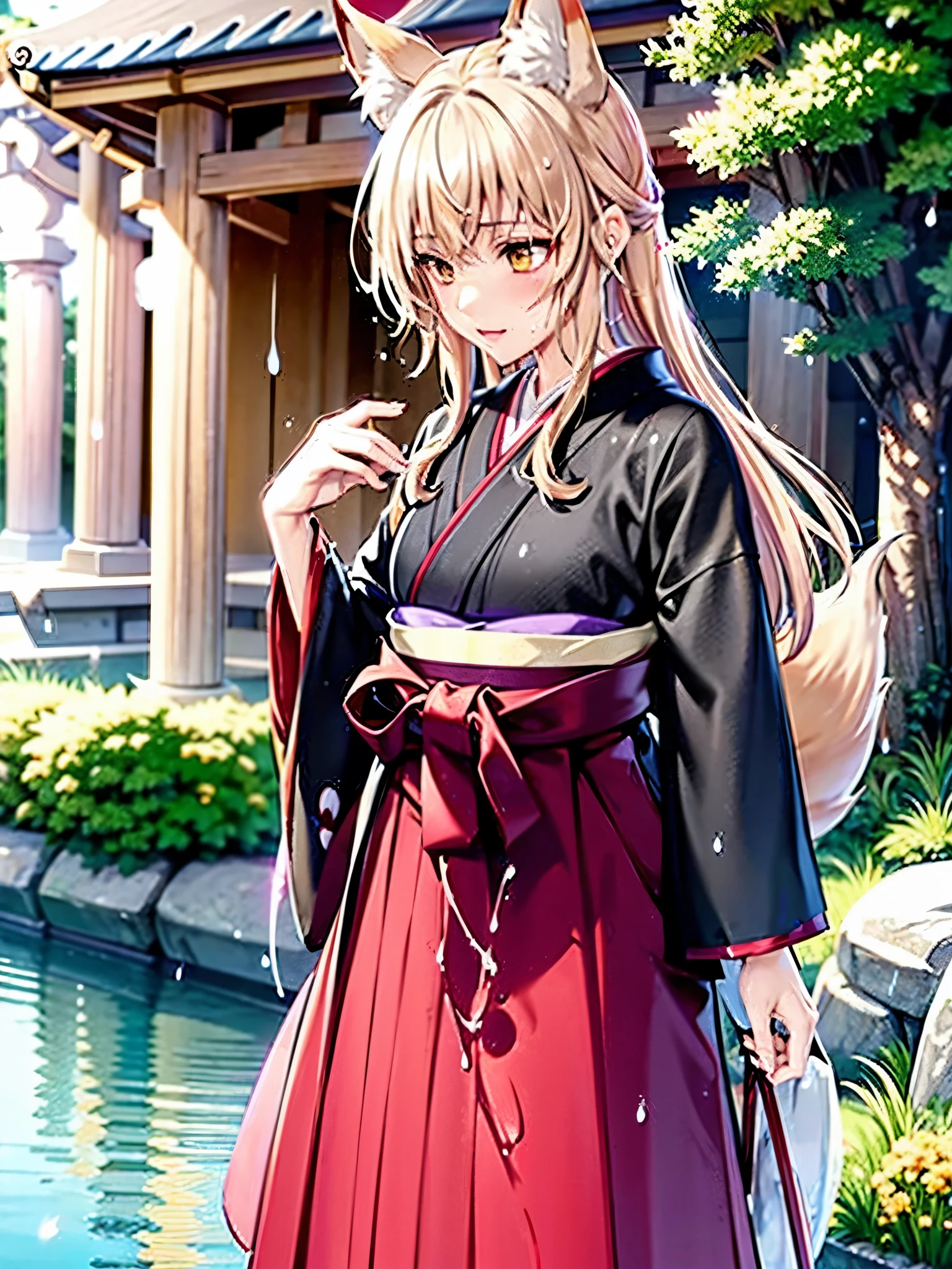 Anime, illustration, girl, shrine, rain, fox ears, fox tail, big tail, fluffy tail, big ears, hakama, furisode, long hakama, long furisode, wet clothes, soaking wet clothes, wet and shiny clothes, clothes with a wet texture, clothes that stick to the body,