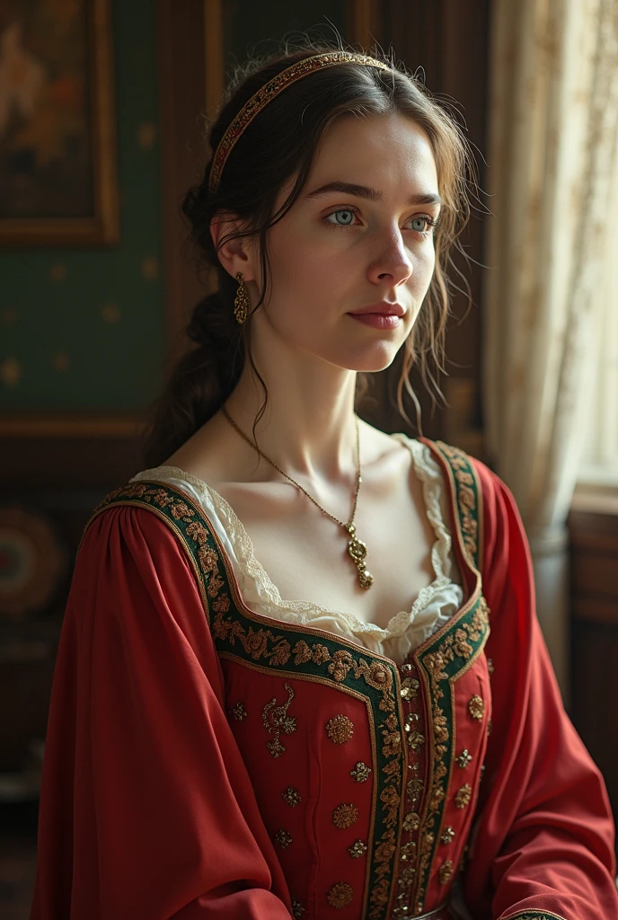 raw photo. Anna Karenina 22 years old, dressed in period clothing, Russia, 19th century AD, perspective, half body detail, sharp focus, slight blending, detail, feeling like it's medieval, (high skin detail: 1,2), 8k uhd, dslr, soft light, high quality, Fujifilm XT3 grainy films.