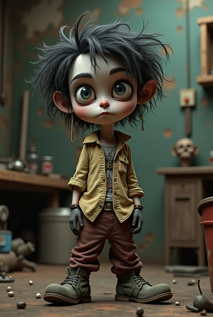 Inspired by Tim Burton,3D close-up ,wearing boho pants and shirt,grunge background auto workshop