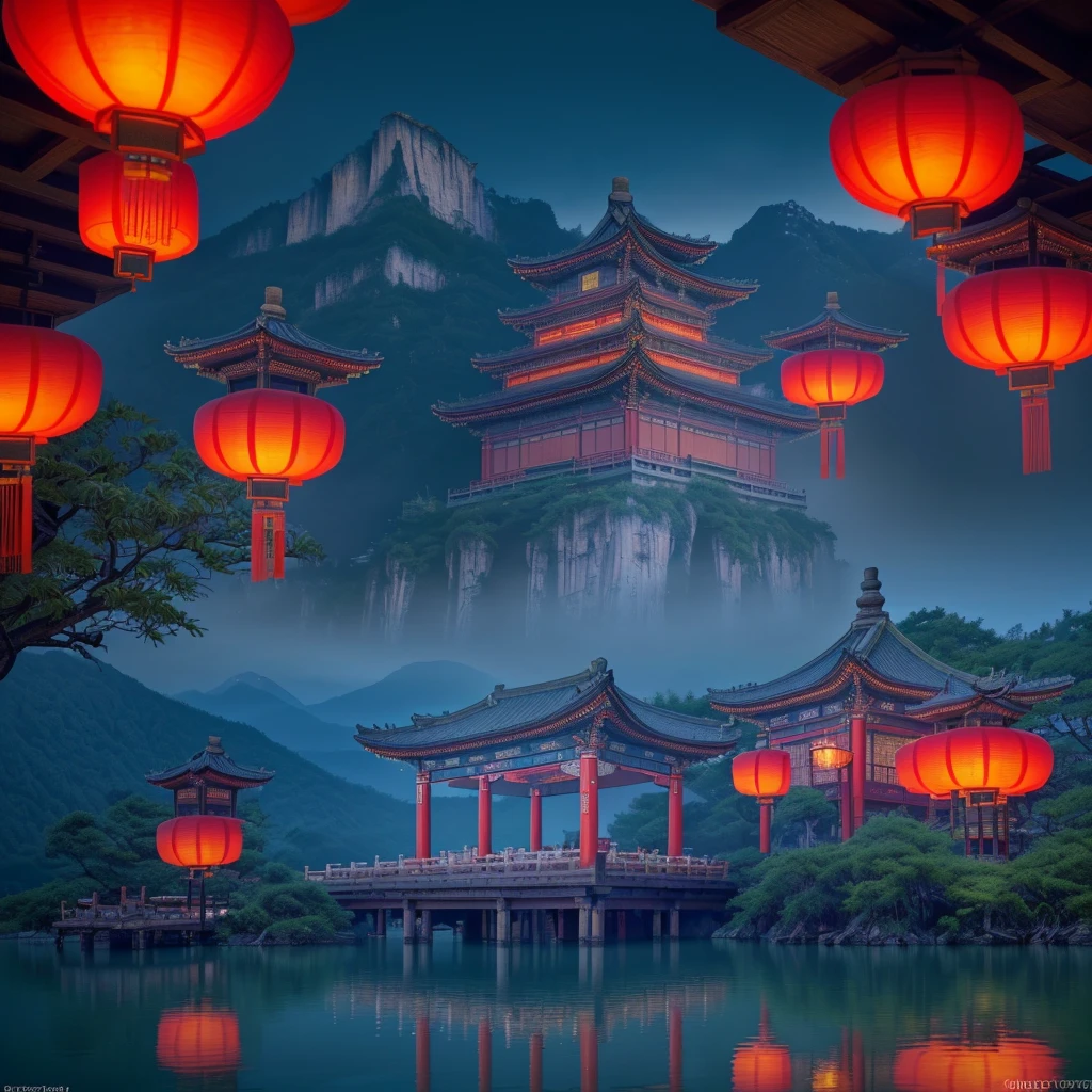 A tranquil ancient Chinese landscape,neon lights,glowing lanterns,floating pagodas,serene lake,misty mountains,exquisite traditional architecture,dramatic lighting,ethereal atmosphere,(best quality,8k,highres,masterpiece:1.2),ultra-detailed,(realistic,photorealistic,photo-realistic:1.37),digital art,cinematic composition,vibrant colors,dramatic contrasts,stunning scenic beauty