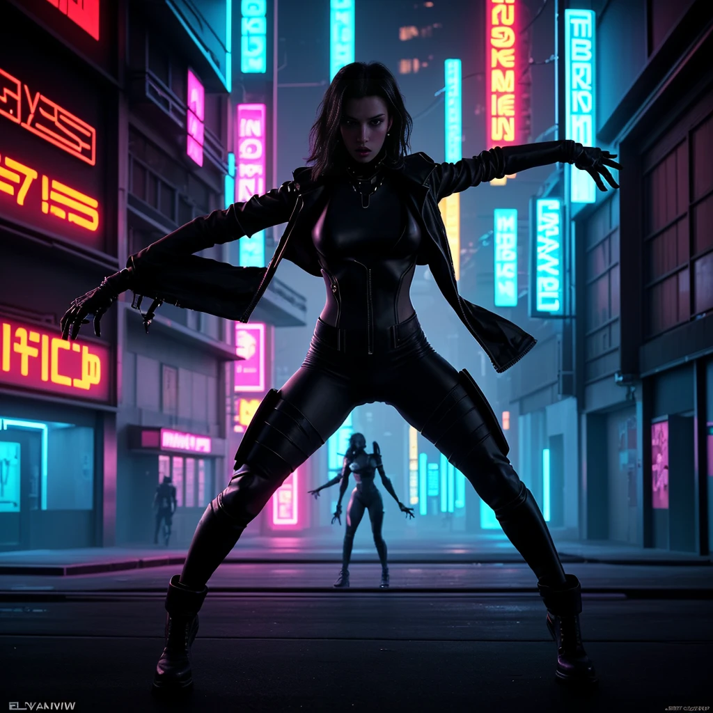 DemiHawks, Urban sprawl, woman, urban dance clothing, dramatic lighting, high contrast, silhouette, poster-worthy, street fashion, graffiti, neon lights, shadows, dystopian, cyberpunk, futuristic, sci-fi, Tron, Bladerunner, Elysium, Westworld, neon noir, dance, fluid, dynamic, energy, movement, form, expression.