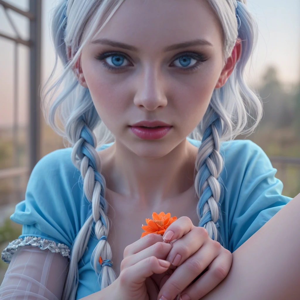 1girl, beautiful detailed eyes, beautiful detailed lips, extremely detailed eyes and face, long eyelashes, orange sleeves, white hair, white skin, light blue hair ornament, blue suspenders, blue clothes, light blue eyes, bare feet, double braids, detailed background, cinematic lighting, highly detailed, 8k, photorealistic, hyper realistic, masterpiece, studio lighting, vivid colors, soft warm colors, intricate details