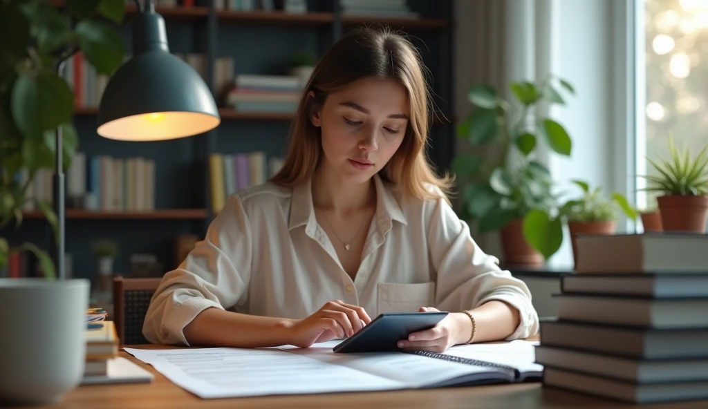blonde woman, 25 years old, sunglasses, working in an office, she is in front of the notebook and holding the cell phone with it in her hand, view from the top