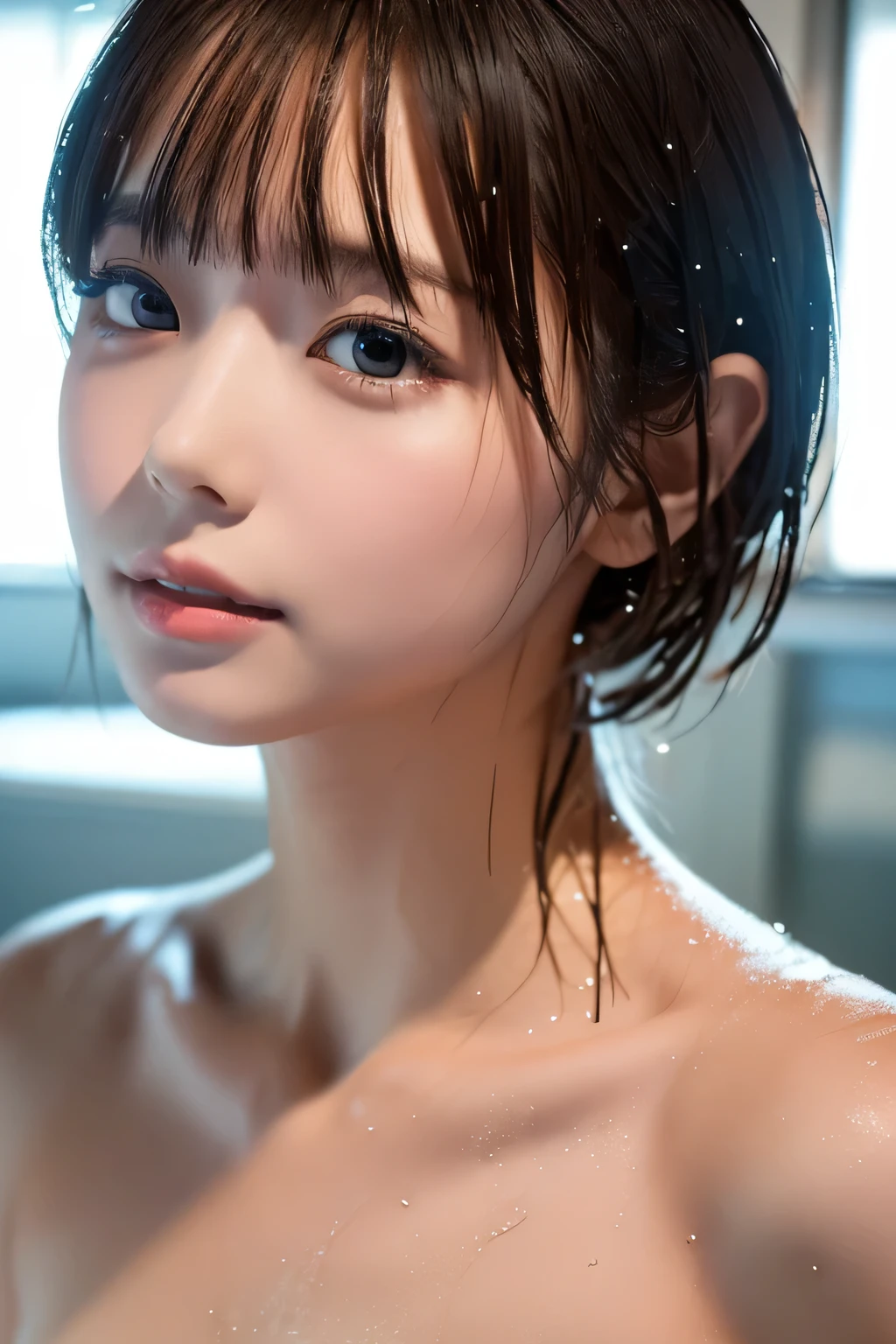 score_9,score_8_up,score_7_up,realistic lighting,photo,photorealistic,realistic eyes,1 japanese girl,jpn-girl,bangs,medium hair,large breasts, Wet body A shy smile、One Woman,、Cleavage、((((cum in hair、cum facial)))