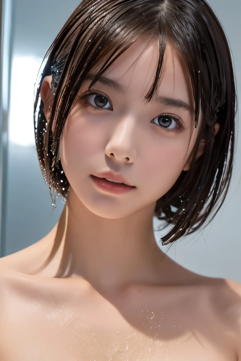 (Beautiful girl looking up:1.4), (naked:1.3), (Best Quality:1.4), (Highly detailed and realistic skin:1.3), (Very detailedな髪と顔), Very detailed, Short Hair, (Wet Skin:1.3), (Child body type:1.3), (Flat Chest:1.3), (Skinny body type:1.4), (Face close-up:1.8), (Take a shower:1.4), (Shower room:1.4), Smooth, Very detailed CG synthesis 8k wallpaper, High-resolution RAW color photos, Professional photography, Light, BackLight, Dreamy, Impressive, Written boundary depth