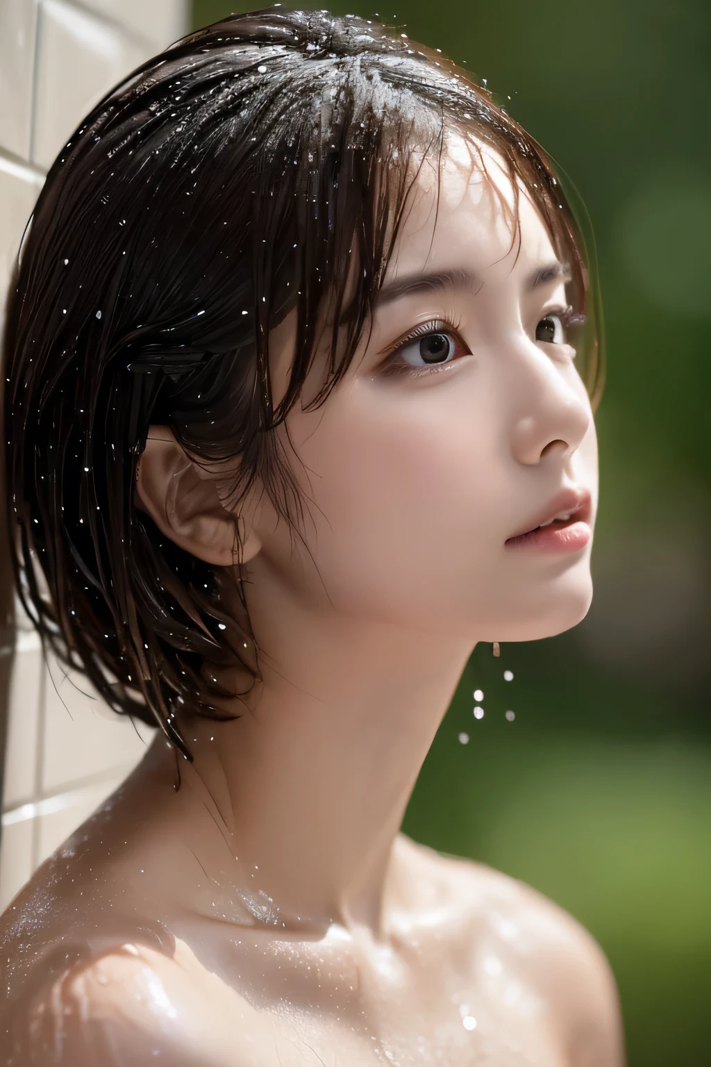 (Beautiful girl looking up:1.4), (naked:1.3), (Best Quality:1.4), (Highly detailed and realistic skin:1.3), (Very detailedな髪と顔), Very detailed, Short Hair, (Wet Skin:1.3), (Child body type:1.3), (Flat Chest:1.3), (Skinny body type:1.4), (Face close-up:1.8), (Take a shower:1.4), (Shower room:1.4), Smooth, Very detailed CG synthesis 8k wallpaper, High-resolution RAW color photos, Professional photography, Light, BackLight, Dreamy, Impressive, Written boundary depth