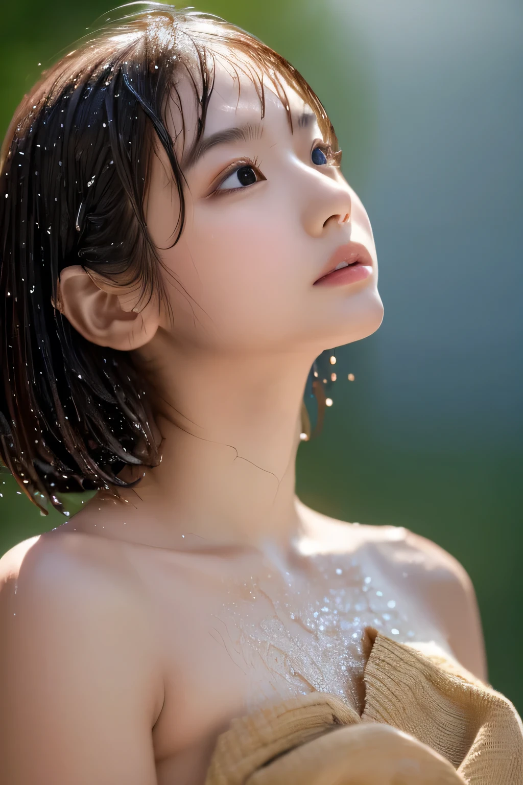 (Beautiful girl looking up:1.4), (naked:1.3), (Best Quality:1.4), (Highly detailed and realistic skin:1.3), (Very detailedな髪と顔), Very detailed, Short Hair, (Wet Skin:1.3), (Child body type:1.3), (Flat Chest:1.3), (Skinny body type:1.4), (Face close-up:1.8), (Take a shower:1.4), (Shower room:1.4), Smooth, Very detailed CG synthesis 8k wallpaper, High-resolution RAW color photos, Professional photography, Light, BackLight, Dreamy, Impressive, Written boundary depth