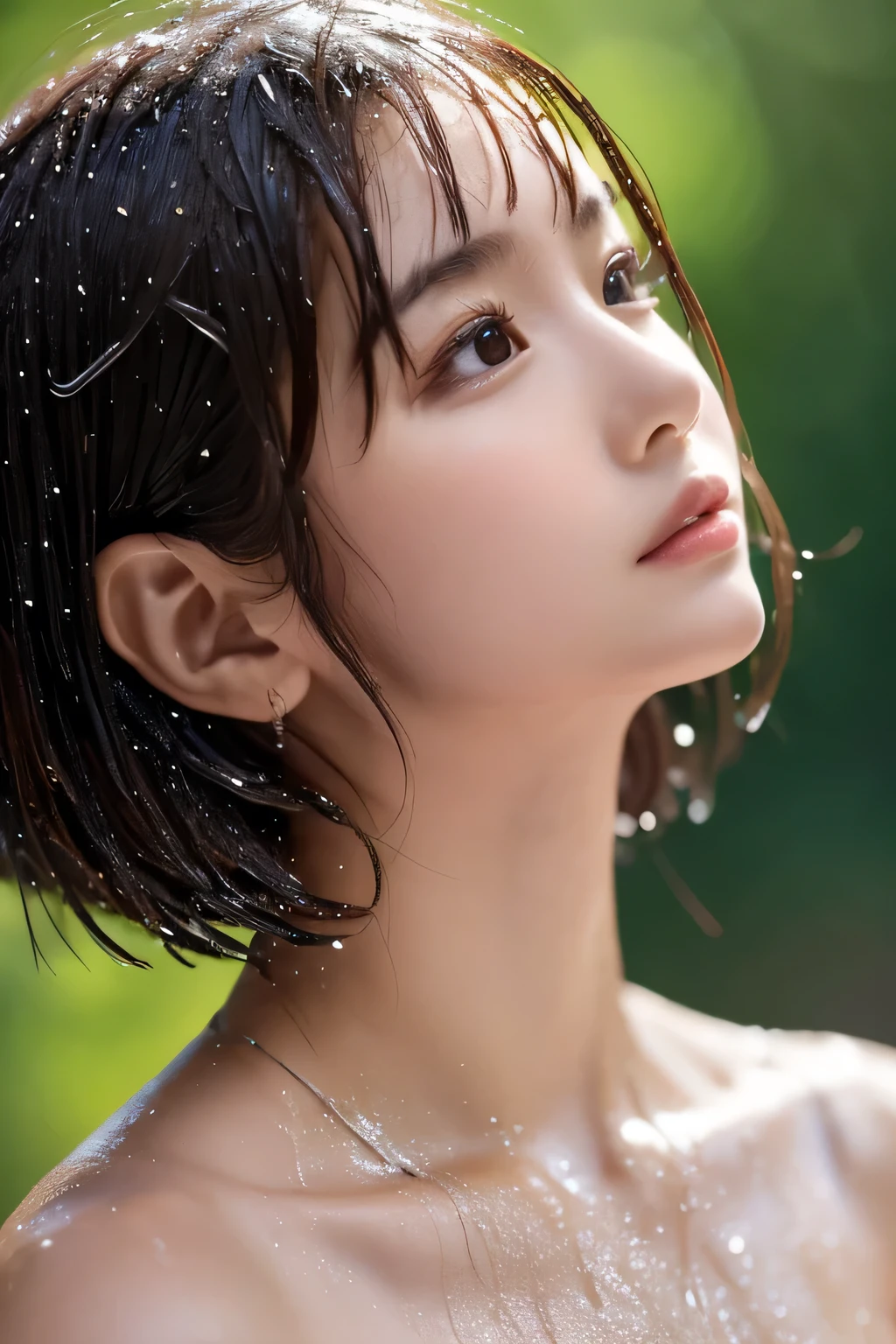 (Beautiful girl looking up:1.4), (naked:1.3), (Best Quality:1.4), (Highly detailed and realistic skin:1.3), (Very detailedな髪と顔), Very detailed, Short Hair, (Wet Skin:1.3), (Child body type:1.3), (Flat Chest:1.3), (Skinny body type:1.4), (Face close-up:1.8), (Take a shower:1.4), Shower room, Smooth, Very detailed CG synthesis 8k wallpaper, High-resolution RAW color photos, Professional photography, Light, BackLight, Dreamy, Impressive, Written boundary depth