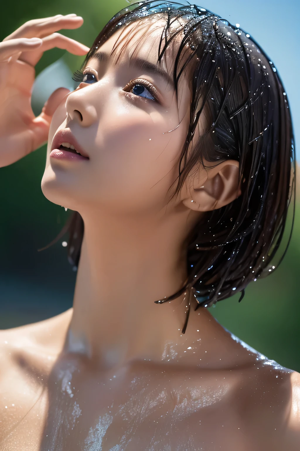 (Beautiful girl looking up:1.4), (naked:1.3), (Best Quality:1.4), (Highly detailed and realistic skin:1.3), (Very detailedな髪と顔), Very detailed, Short Hair, (Wet Skin:1.3), (Child body type:1.3), (Flat Chest:1.3), (Skinny body type:1.4), (Face close-up:1.8), (Take a shower:1.4), Shower room, Smooth, Very detailed CG synthesis 8k wallpaper, High-resolution RAW color photos, Professional photography, Light, BackLight, Dreamy, Impressive, Written boundary depth