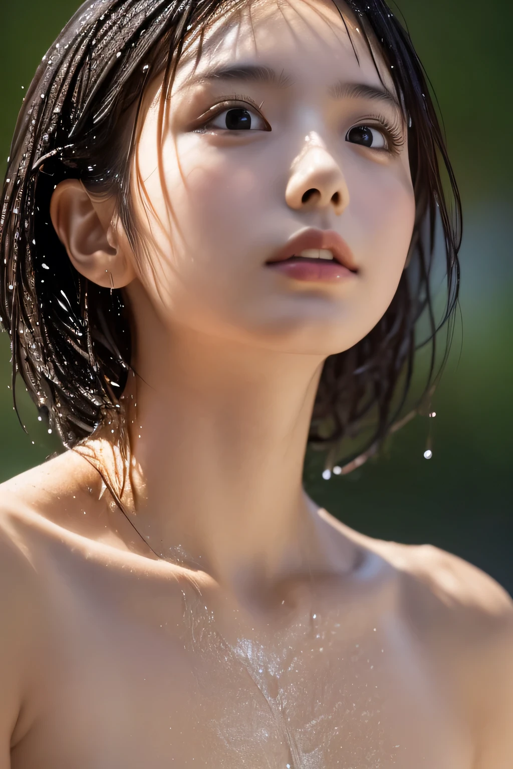 (Beautiful girl looking up:1.4), (naked:1.3), (Best Quality:1.4), (Highly detailed and realistic skin:1.3), (Very detailedな髪と顔), Very detailed, Short Hair, (Wet Skin:1.3), (Child body type:1.3), (Flat Chest:1.3), (Skinny body type:1.4), (Face close-up:1.8), (Take a shower:1.4), Shower room, Smooth, Very detailed CG synthesis 8k wallpaper, High-resolution RAW color photos, Professional photography, Light, BackLight, Dreamy, Impressive, Written boundary depth