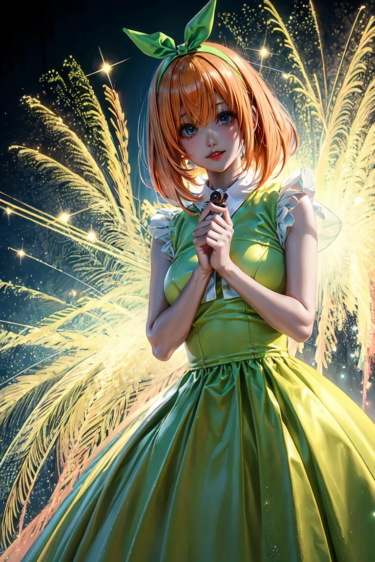 Nakano yotsuba, bob orange hair,green ribbon,  long iridescent organza dress, fluffy organza dress, veiled dress, extremely detailed, extremely pretty, turning back to look at viewer, sparkling pink dress, sparkling threads in hair, splendid, gorgeous, dramatic lighting, ,